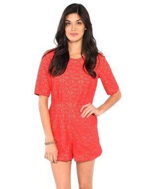BCBG Max Azria Haile Romper Bright Poppy Khaki Combo Lace Key-Hole Back Orange